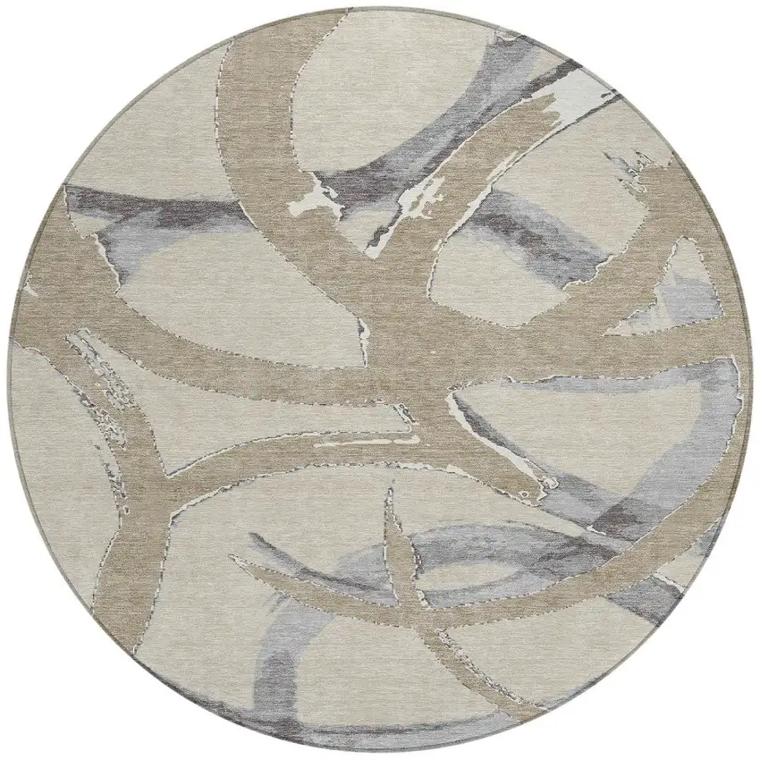 8' Beige Ivory And Gray Round Abstract Washable Indoor Outdoor Area Rug Photo 4