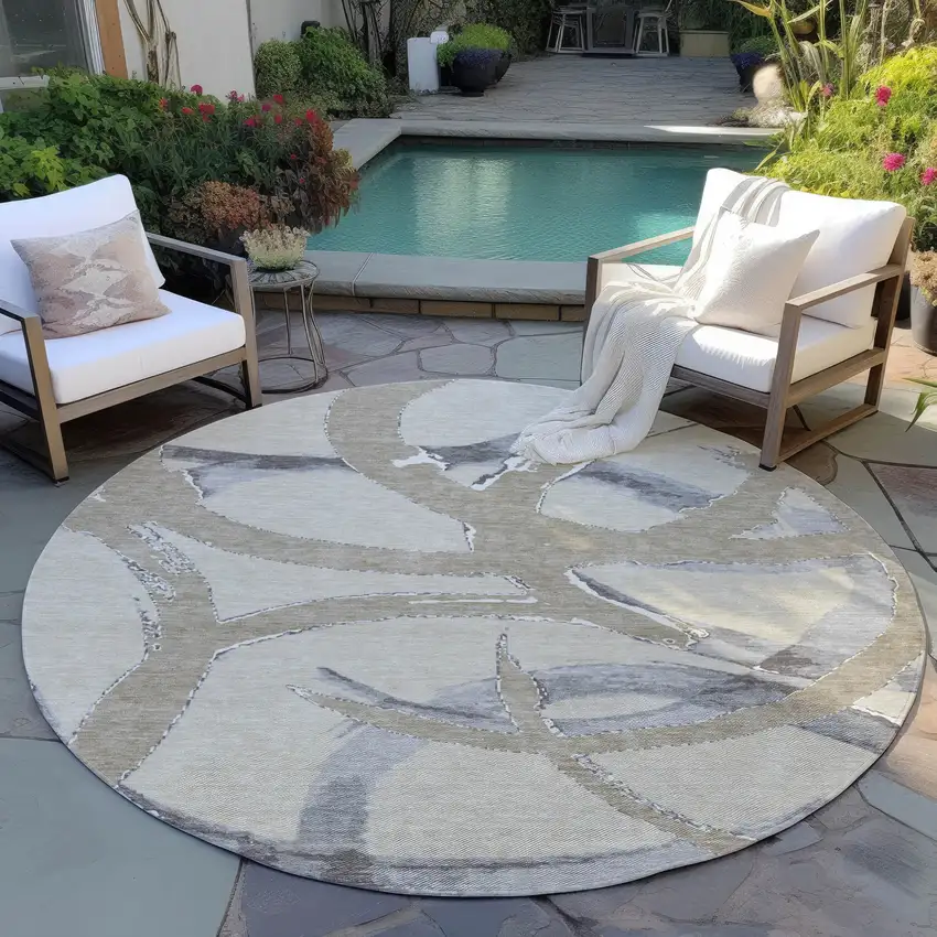 8' Beige Ivory And Gray Round Abstract Washable Indoor Outdoor Area Rug Photo 6