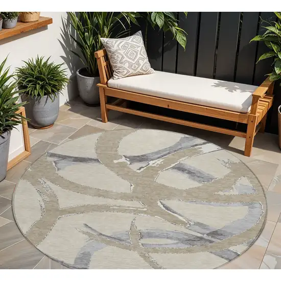 8' Beige Ivory And Gray Round Abstract Washable Indoor Outdoor Area Rug Photo 1
