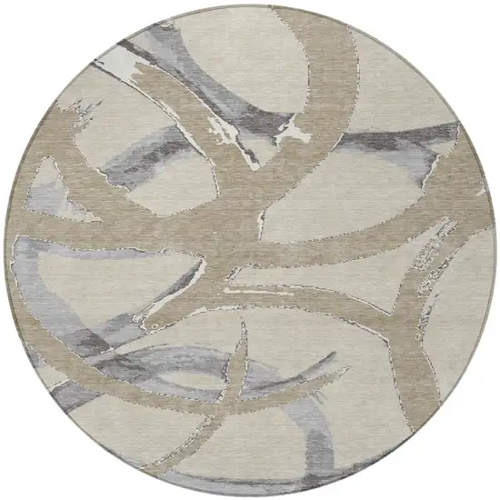 8' Beige Ivory And Gray Round Abstract Washable Indoor Outdoor Area Rug Photo 5