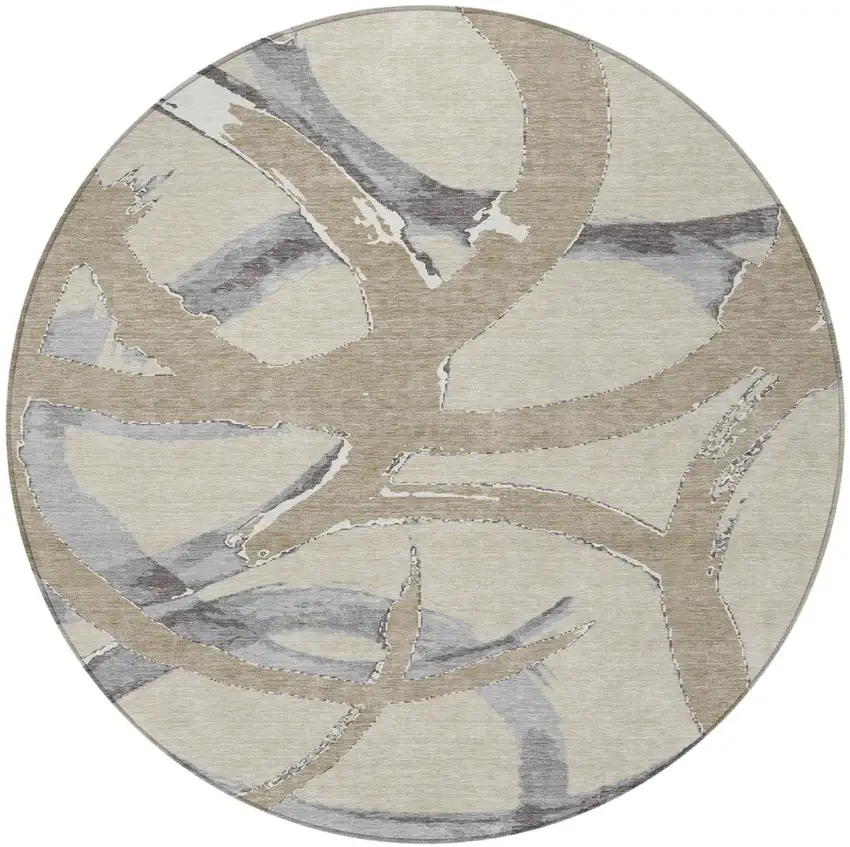 8' Beige Ivory And Gray Round Abstract Washable Indoor Outdoor Area Rug Photo 5