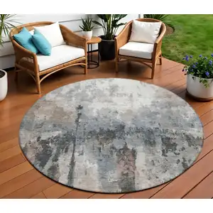 Photo of 8' Beige Ivory And Gray Round Abstract Washable Indoor Outdoor Area Rug