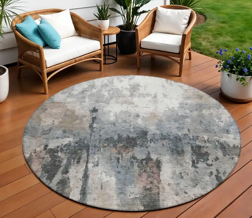8' Beige Ivory And Gray Round Abstract Washable Indoor Outdoor Area Rug Photo 1