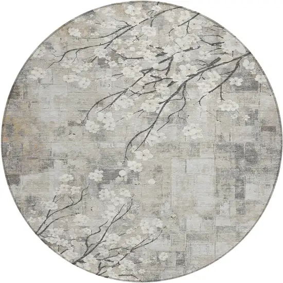 8' Beige Ivory And Gray Round Floral Washable Indoor Outdoor Area Rug Photo 2