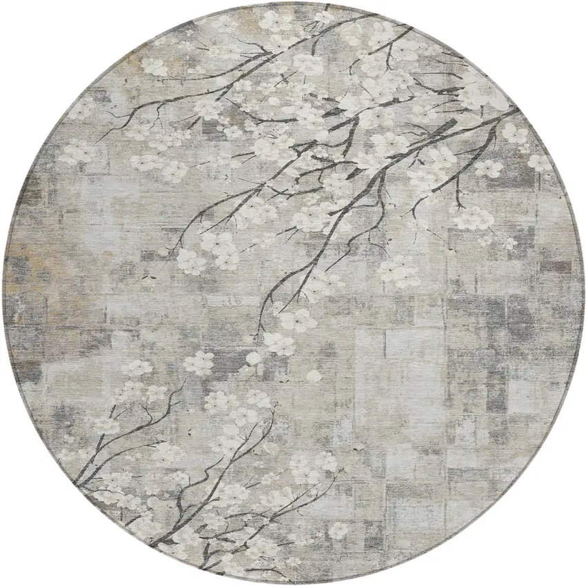 8' Beige Ivory And Gray Round Floral Washable Indoor Outdoor Area Rug Photo 2