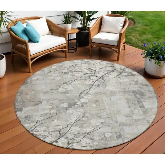8' Beige Ivory And Gray Round Floral Washable Indoor Outdoor Area Rug Photo 1