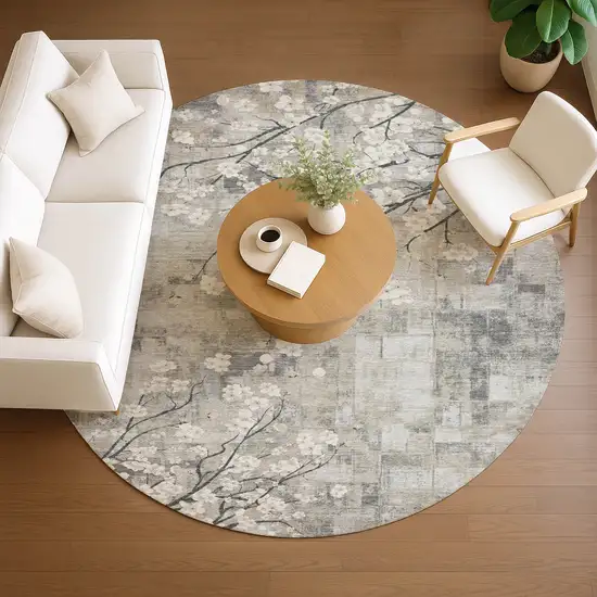 8' Beige Ivory And Gray Round Floral Washable Indoor Outdoor Area Rug Photo 8
