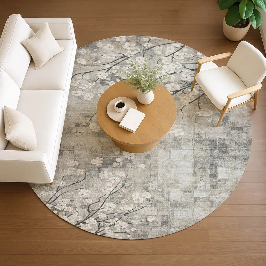 8' Beige Ivory And Gray Round Floral Washable Indoor Outdoor Area Rug Photo 8