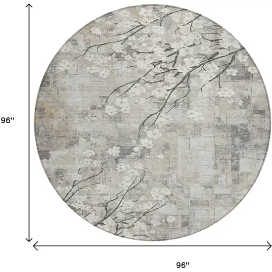 8' Beige Ivory And Gray Round Floral Washable Indoor Outdoor Area Rug Photo 3