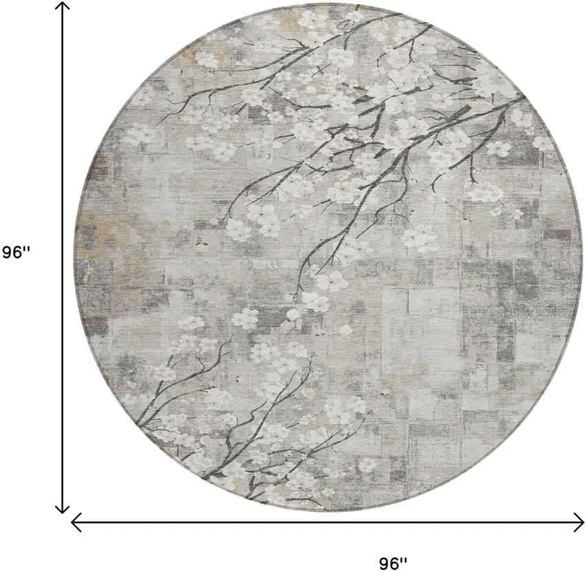 8' Beige Ivory And Gray Round Floral Washable Indoor Outdoor Area Rug Photo 3