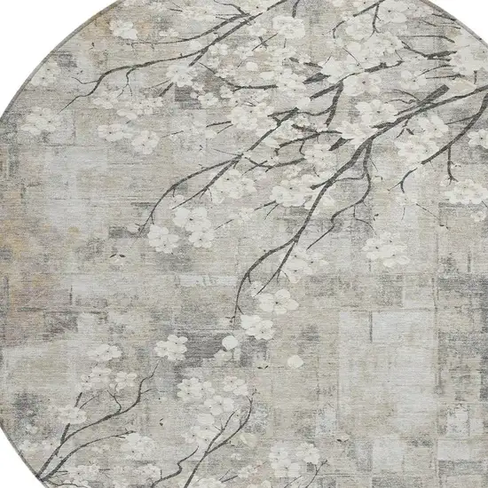 8' Beige Ivory And Gray Round Floral Washable Indoor Outdoor Area Rug Photo 6