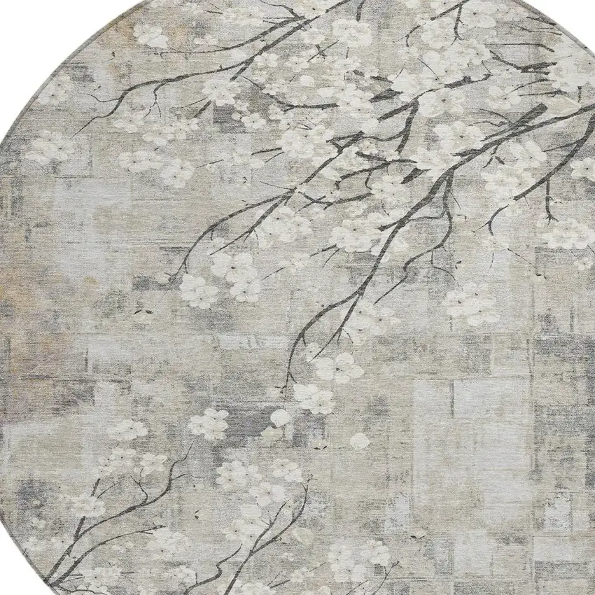 8' Beige Ivory And Gray Round Floral Washable Indoor Outdoor Area Rug Photo 6