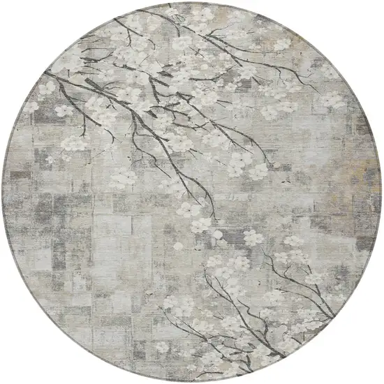 8' Beige Ivory And Gray Round Floral Washable Indoor Outdoor Area Rug Photo 4