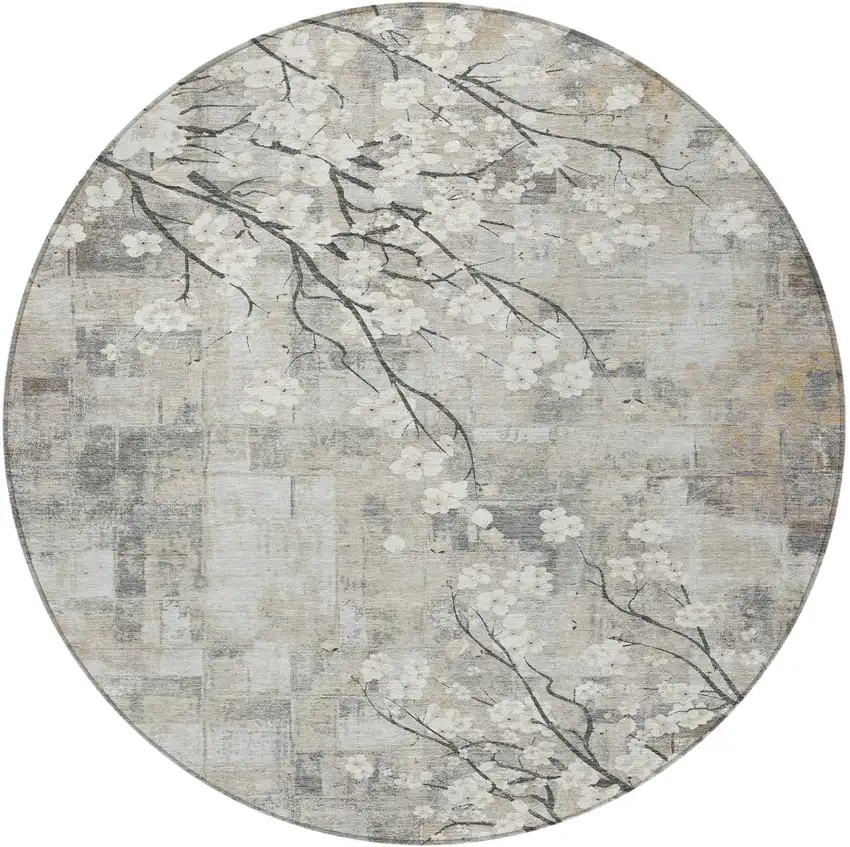 8' Beige Ivory And Gray Round Floral Washable Indoor Outdoor Area Rug Photo 4