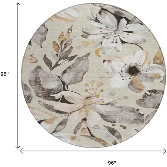 8' Beige Ivory And Gray Round Floral Washable Indoor Outdoor Area Rug Photo 3