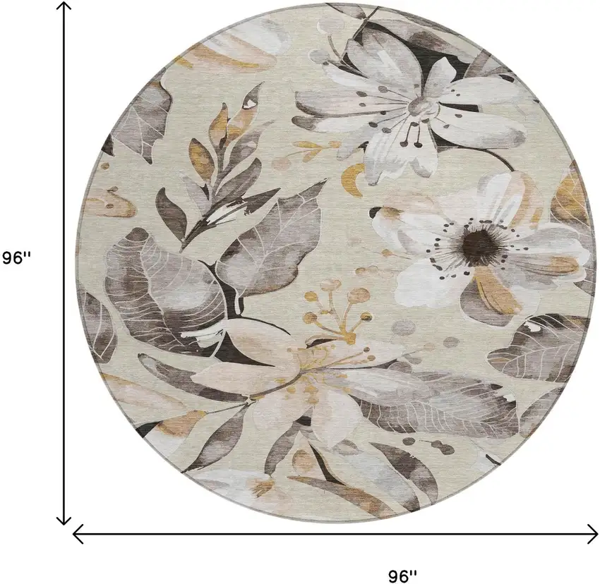 8' Beige Ivory And Gray Round Floral Washable Indoor Outdoor Area Rug Photo 3