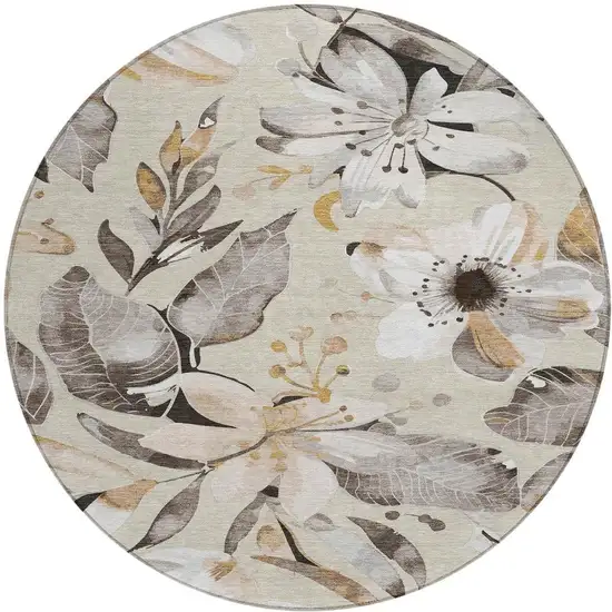 8' Beige Ivory And Gray Round Floral Washable Indoor Outdoor Area Rug Photo 4