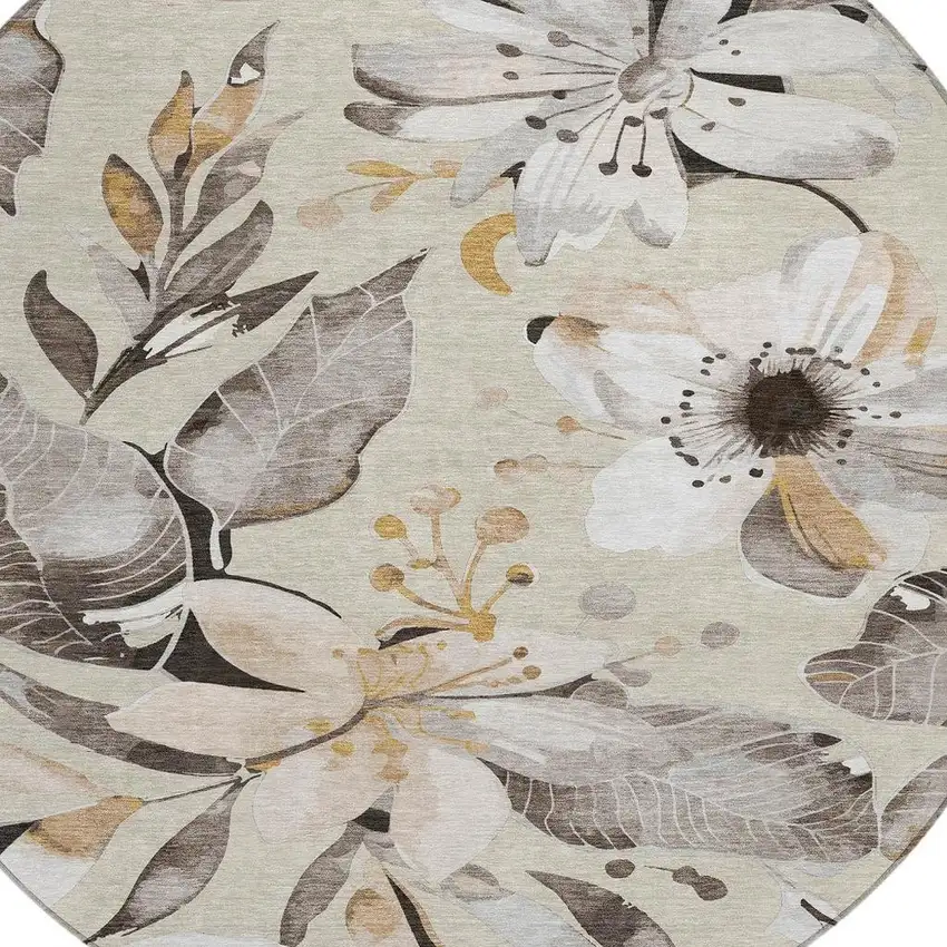 8' Beige Ivory And Gray Round Floral Washable Indoor Outdoor Area Rug Photo 6
