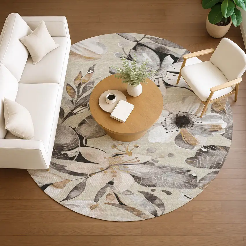 8' Beige Ivory And Gray Round Floral Washable Indoor Outdoor Area Rug Photo 9