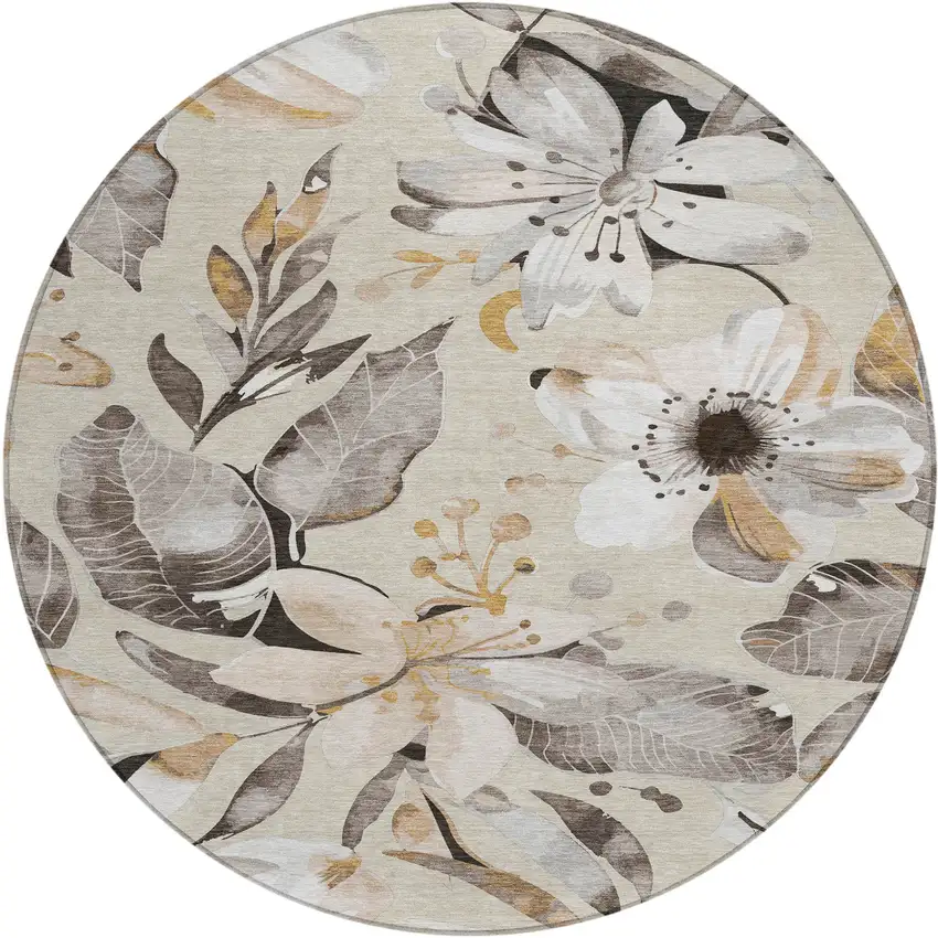 8' Beige Ivory And Gray Round Floral Washable Indoor Outdoor Area Rug Photo 2