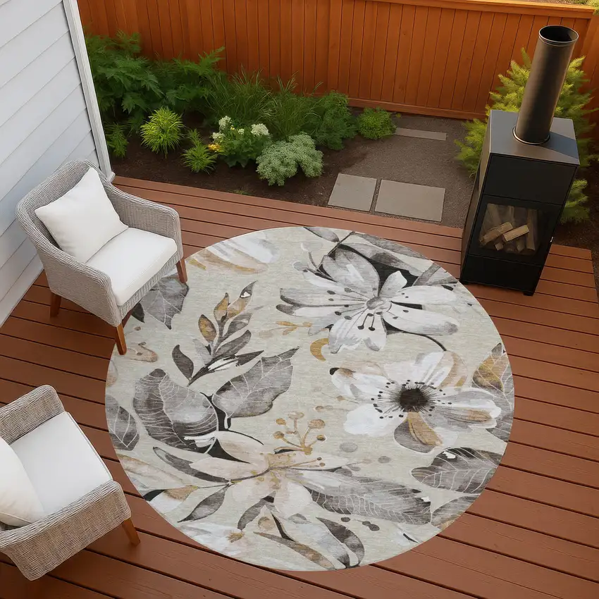 8' Beige Ivory And Gray Round Floral Washable Indoor Outdoor Area Rug Photo 8