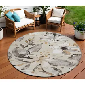 Photo of 8' Beige Ivory And Gray Round Floral Washable Indoor Outdoor Area Rug