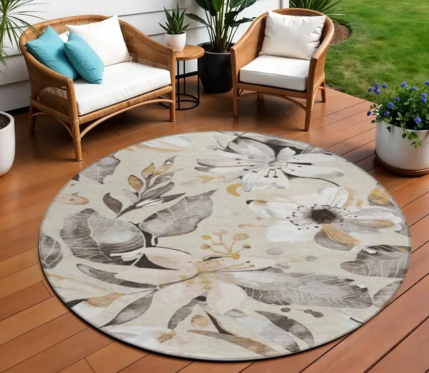 8' Beige Ivory And Gray Round Floral Washable Indoor Outdoor Area Rug Photo 1
