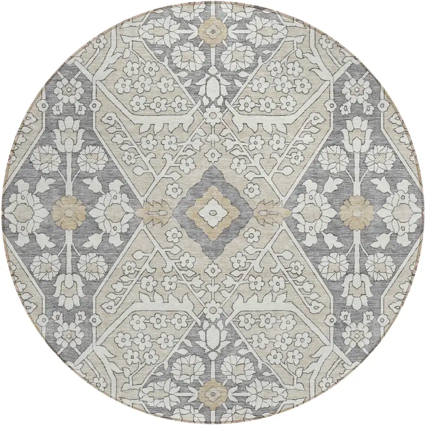 8' Beige Ivory And Gray Round Floral Washable Indoor Outdoor Area Rug Photo 2