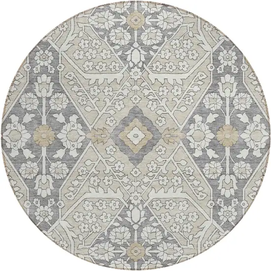 8' Beige Ivory And Gray Round Floral Washable Indoor Outdoor Area Rug Photo 2