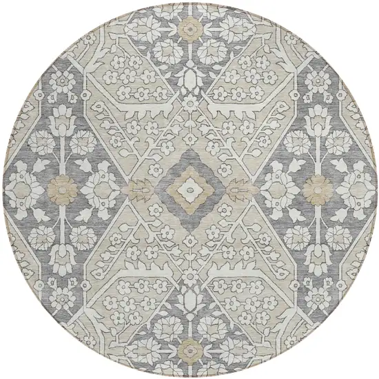 8' Beige Ivory And Gray Round Floral Washable Indoor Outdoor Area Rug Photo 2