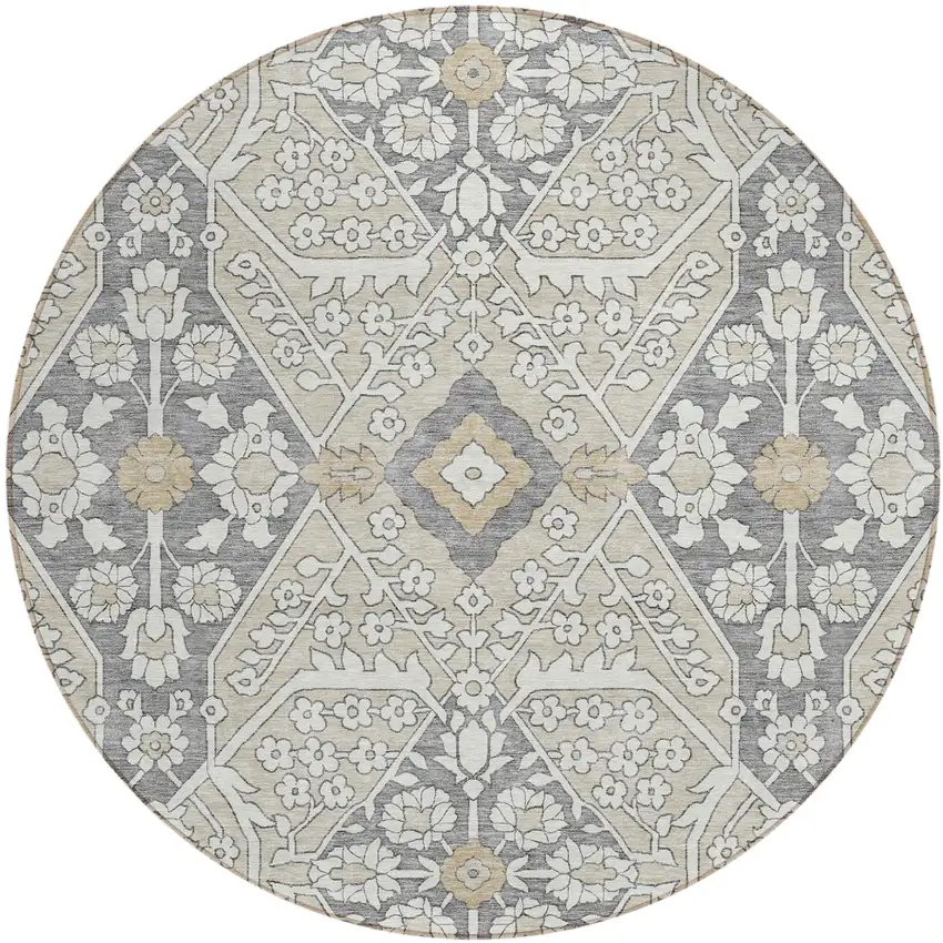 8' Beige Ivory And Gray Round Floral Washable Indoor Outdoor Area Rug Photo 2