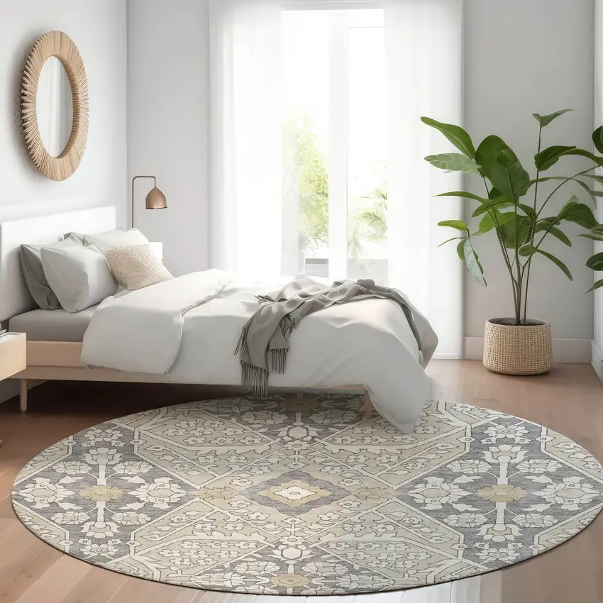 8' Beige Ivory And Gray Round Floral Washable Indoor Outdoor Area Rug Photo 8