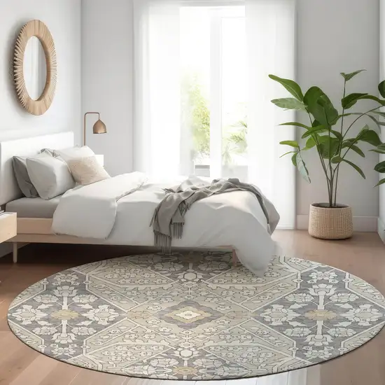 8' Beige Ivory And Gray Round Floral Washable Indoor Outdoor Area Rug Photo 8