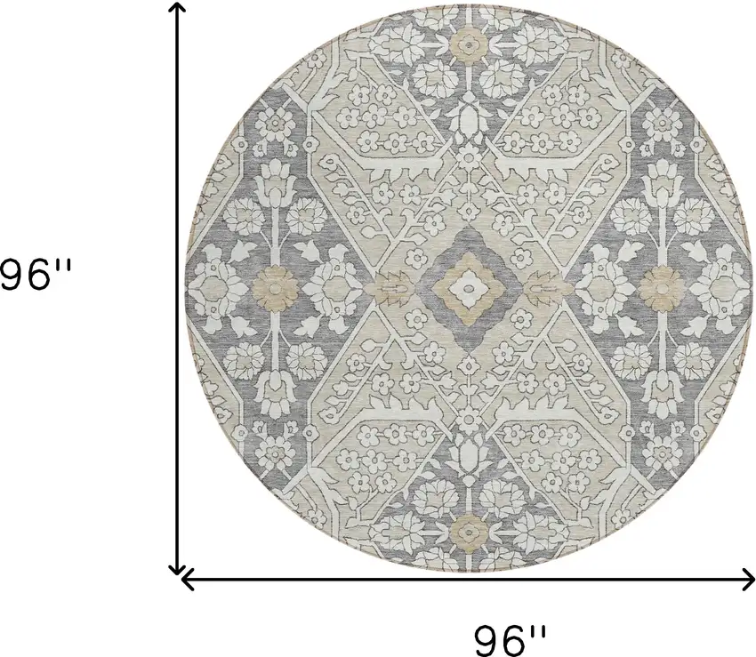 8' Beige Ivory And Gray Round Floral Washable Indoor Outdoor Area Rug Photo 3