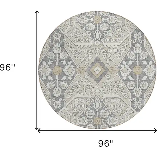 8' Beige Ivory And Gray Round Floral Washable Indoor Outdoor Area Rug Photo 3
