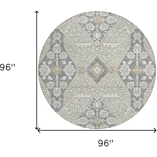 8' Beige Ivory And Gray Round Floral Washable Indoor Outdoor Area Rug Photo 3