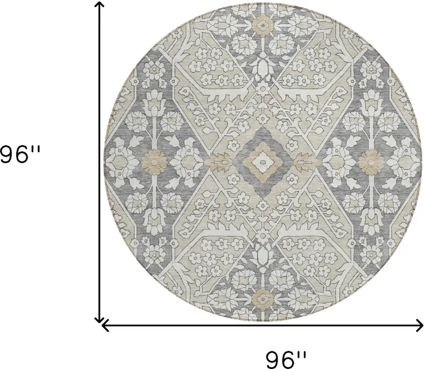 8' Beige Ivory And Gray Round Floral Washable Indoor Outdoor Area Rug Photo 3