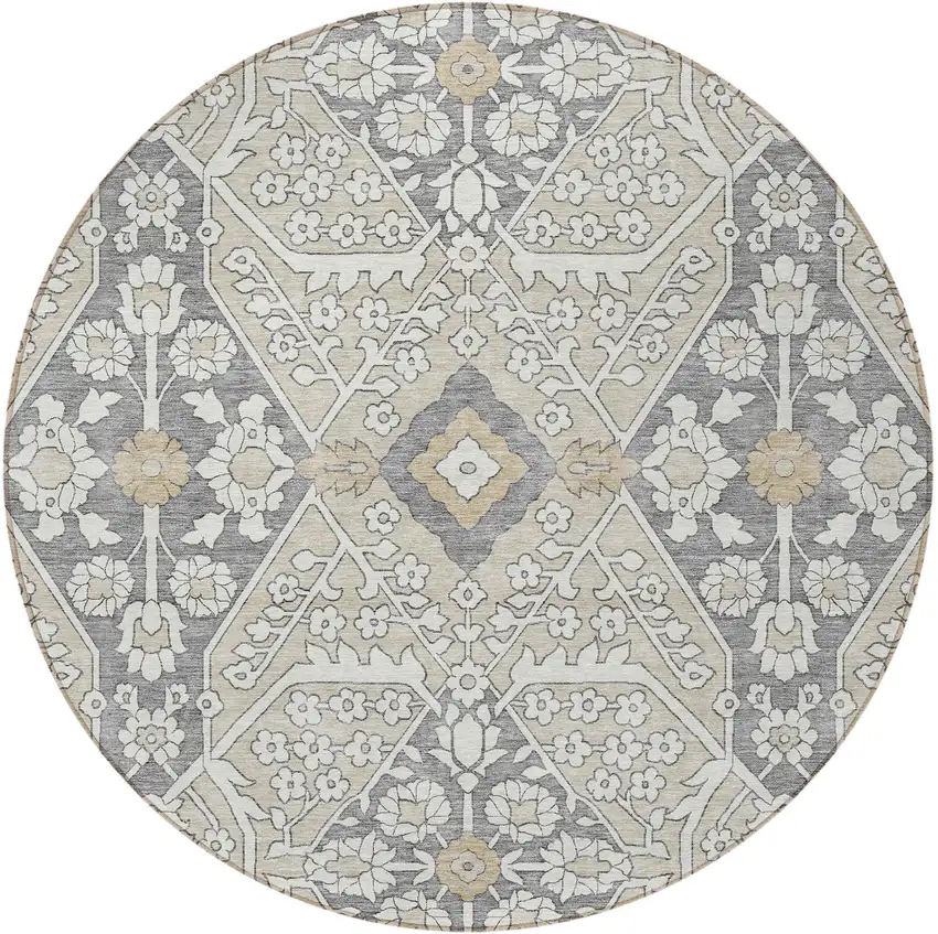 8' Beige Ivory And Gray Round Floral Washable Indoor Outdoor Area Rug Photo 6