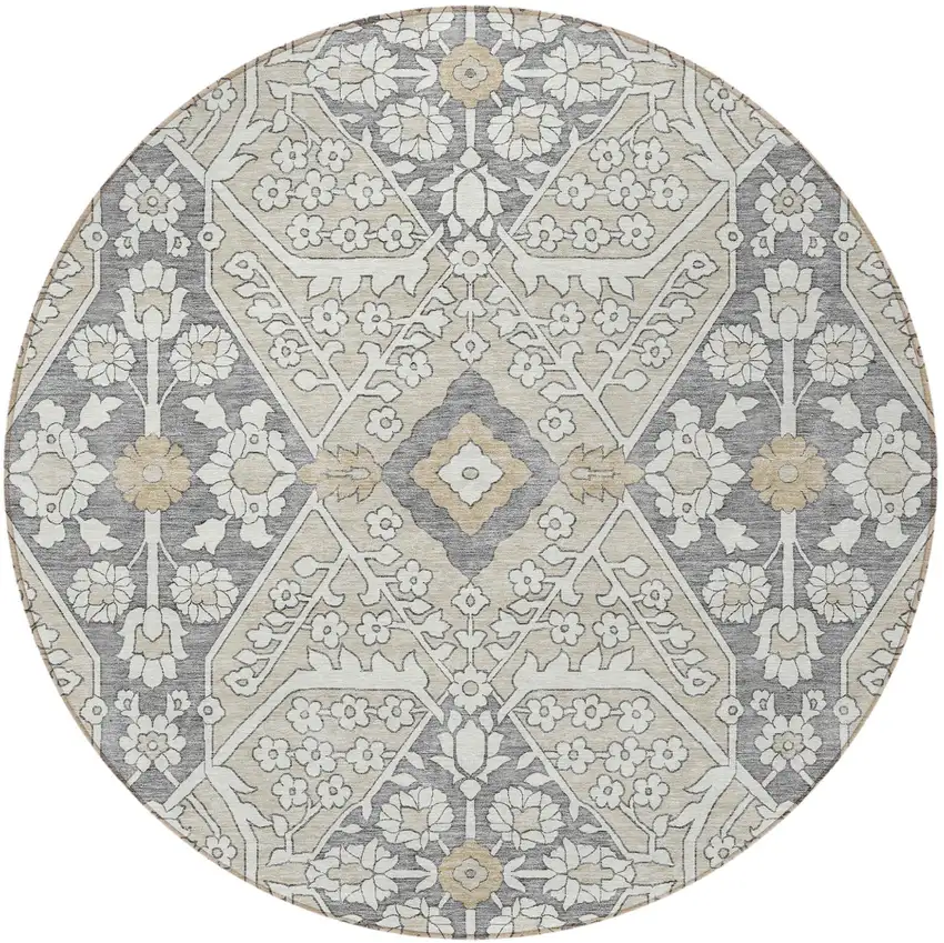 8' Beige Ivory And Gray Round Floral Washable Indoor Outdoor Area Rug Photo 6
