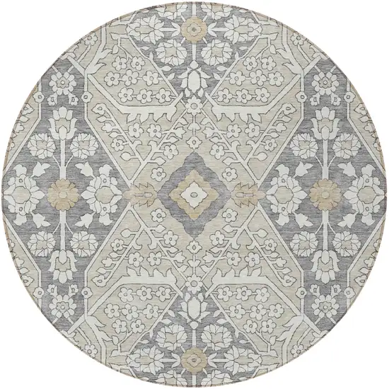 8' Beige Ivory And Gray Round Floral Washable Indoor Outdoor Area Rug Photo 6