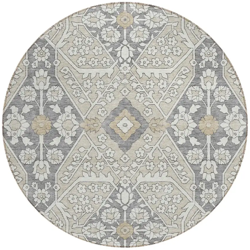 8' Beige Ivory And Gray Round Floral Washable Indoor Outdoor Area Rug Photo 5