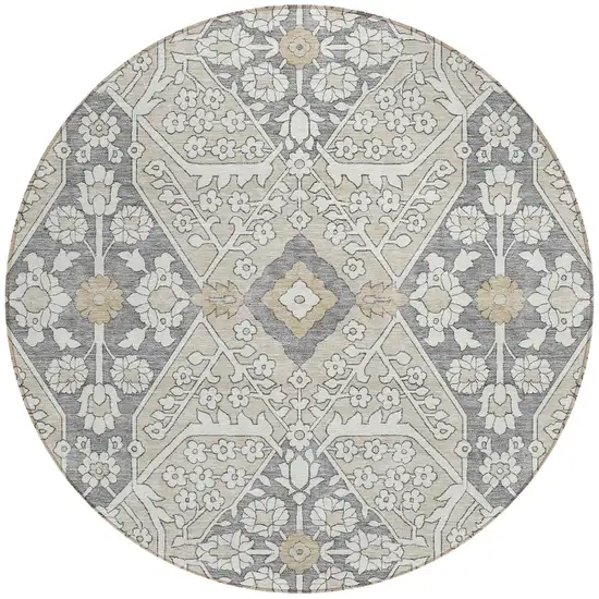 8' Beige Ivory And Gray Round Floral Washable Indoor Outdoor Area Rug Photo 5