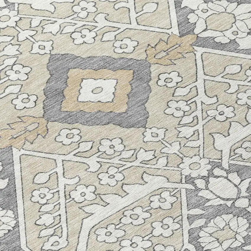 8' Beige Ivory And Gray Round Floral Washable Indoor Outdoor Area Rug Photo 4