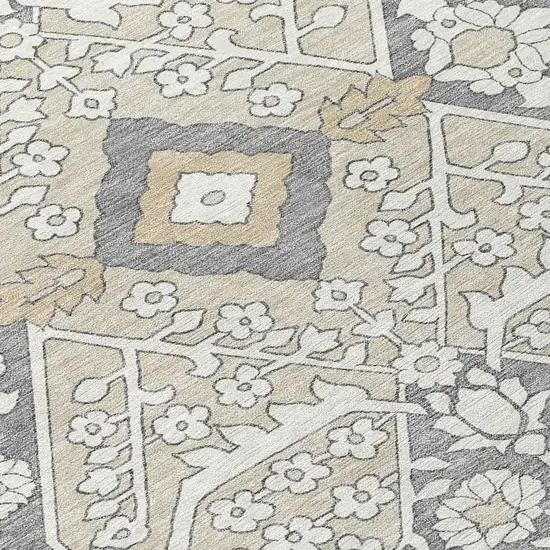 8' Beige Ivory And Gray Round Floral Washable Indoor Outdoor Area Rug Photo 4