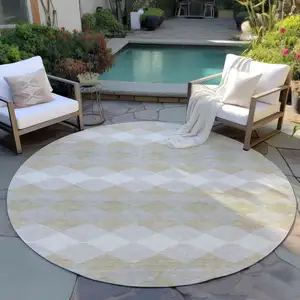 Photo of 8' Beige Ivory And Gray Round Geometric Washable Indoor Outdoor Area Rug