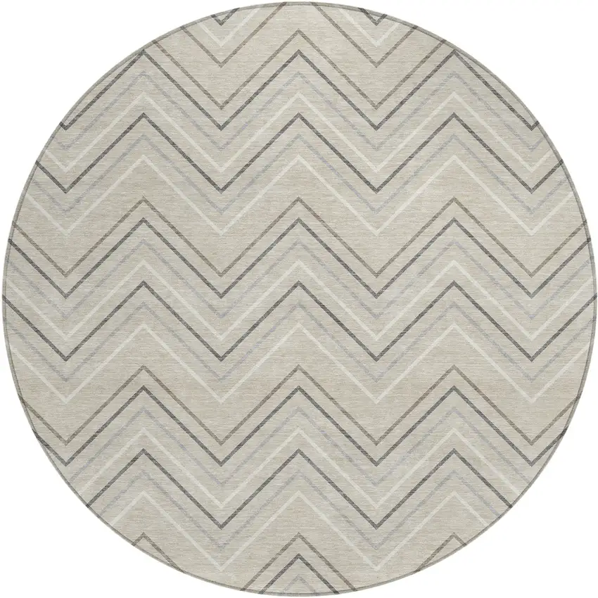8' Beige Ivory And Gray Round Geometric Washable Indoor Outdoor Area Rug Photo 1