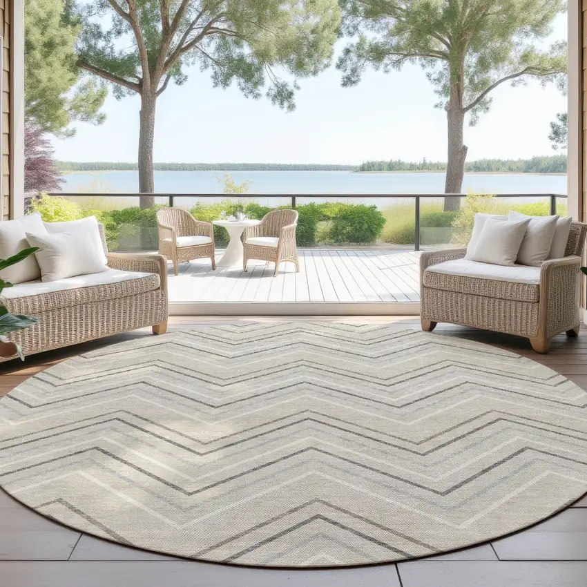 8' Beige Ivory And Gray Round Geometric Washable Indoor Outdoor Area Rug Photo 4