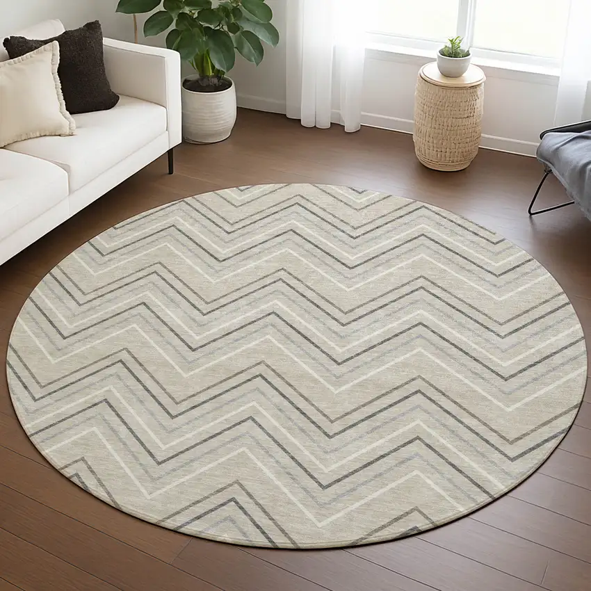 8' Beige Ivory And Gray Round Geometric Washable Indoor Outdoor Area Rug Photo 5