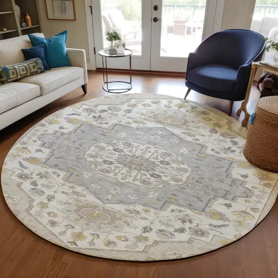 8' Beige Ivory And Gray Round Oriental Washable Indoor Outdoor Area Rug Photo 8