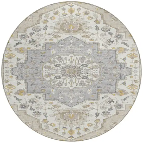 8' Beige Ivory And Gray Round Oriental Washable Indoor Outdoor Area Rug Photo 5
